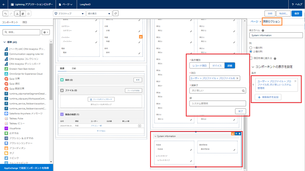 Lightningコンポーネント表示条件項目セクション